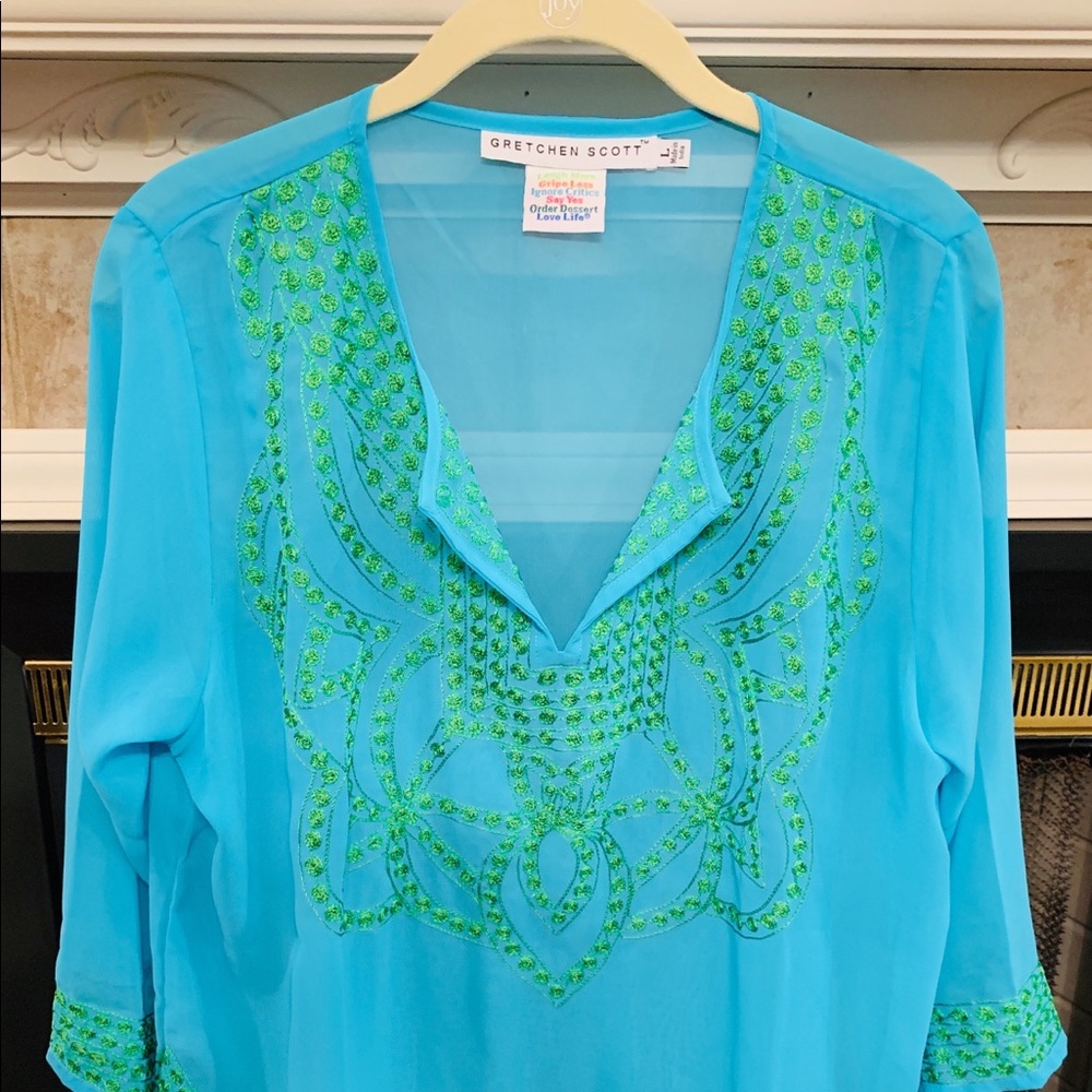 Gretchen Scott Designs Embroidered Blue and Green Tunic, Size Large